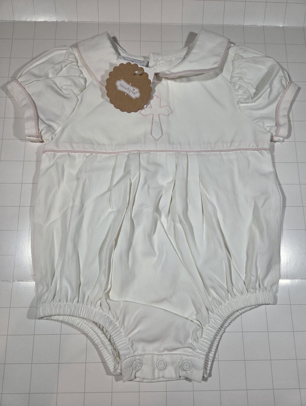 Mudpie White Baby Romper with Pink Trim 3-6m
